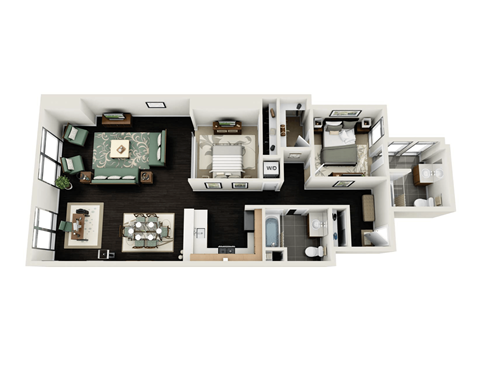 Floor plan for 2 beds, 2 baths, 1160 sqft